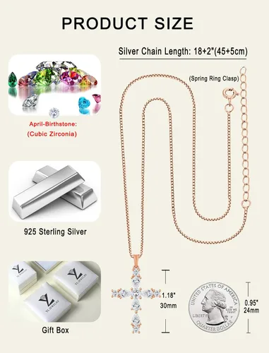 Vista 141 de YL Collar de cruz de plata de ley 925 con colgante de piedra natal religiosa para mujer