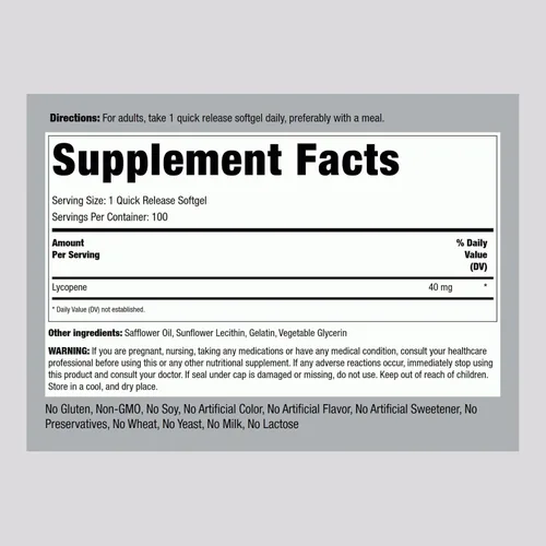 Vista 2 de Piping Rock Suplemento de licopeno 40mg 100 cápsulas blandas Carotenoides Sin OMG, sin gluten