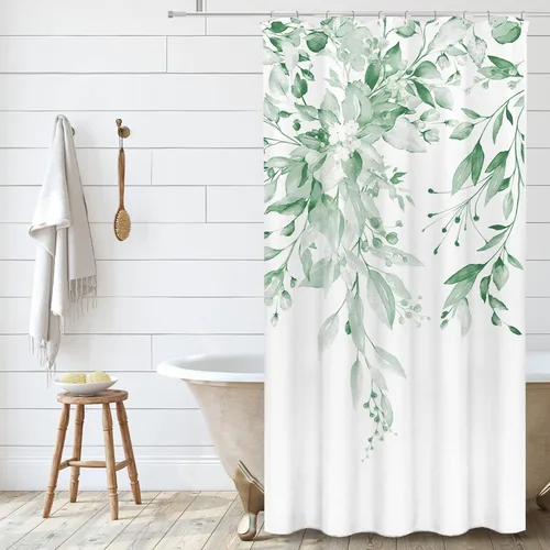 Vista 45 de Tititex - Juego de cortinas de ducha de eucalipto negro, hojas de acuarela gris en la parte superior, con decoración floral de baño, 60 x 72
