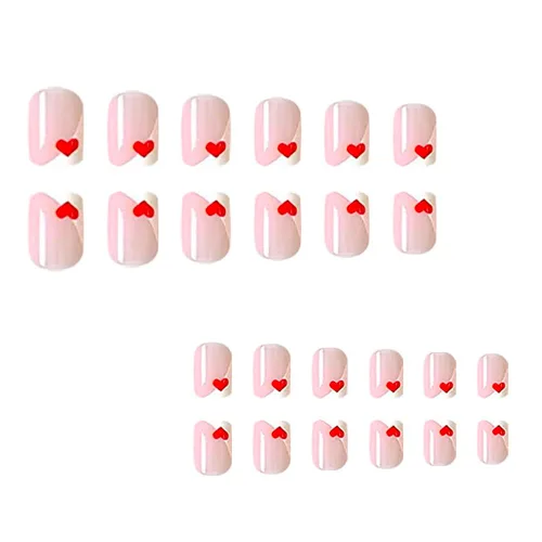 Vista 6 de Uñas postizas cuadradas cortas a presión para el día de San Valentín, uñas blancas francesas con pegamento, uñas postizas con diseño de corazón