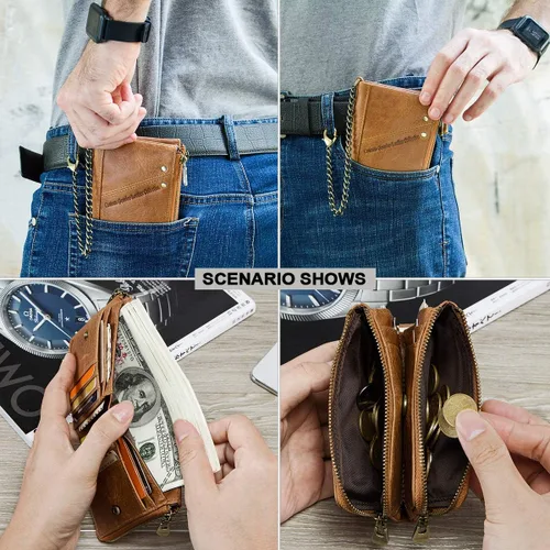 Vista 5 de Contacts RFID - Monedero con doble cremallera para hombre (piel, con cadena antirrobo), Marrón, talla única