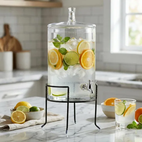 Vista 3 de Style Setter Dispensador de bebidas con soporte, dispensador grande de bebidas de vidrio para encimera de 2.5 galones con espita y tapa, dispensador
