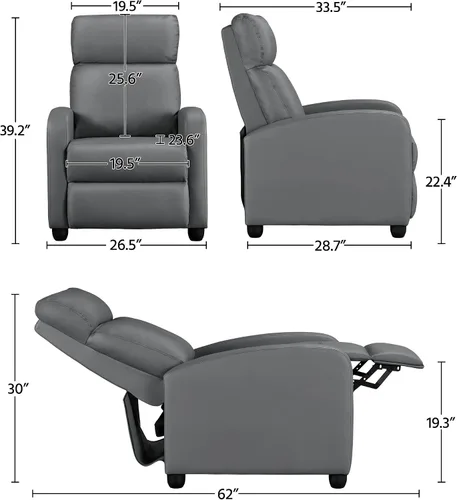 Vista 3 de Yaheetech Asiento de cine en casa, silla reclinable de piel sintética, moderna para sala de estar, sofá reclinable con bolsillo, color gris primavera