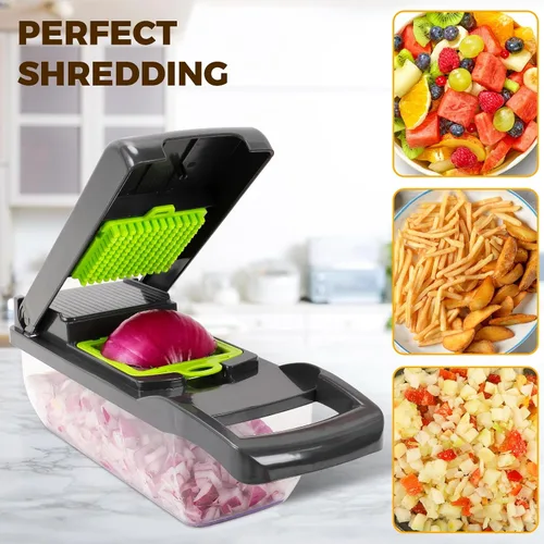 Vista 7 de Pro - Picador de verduras 14 en 1 multifuncional con 7 cuchillas, cebolla, zanahoria, cortador de ajo, gris