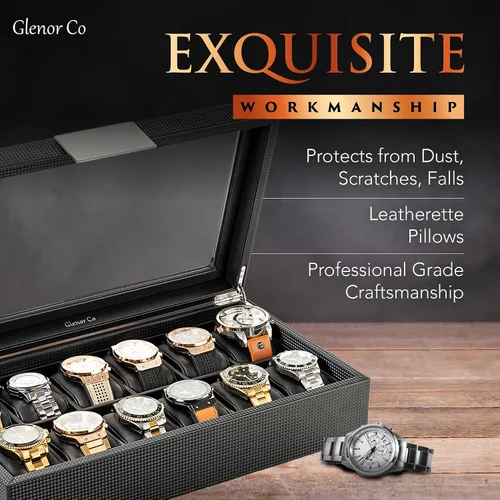 Vista 3 de Caja para relojes para hombre - caja de exhibición de fibra de carbono de lujo con 12 ranuras, caja grande, hebilla de metal - negro