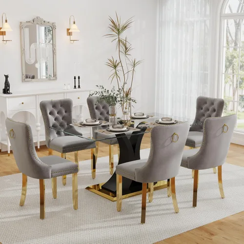 Vista 29 de Juego de comedor de cristal moderno de lujo de 7 piezas, juego de cena rectangular minimalista grande para 6, mesa de cocina de cristal transparente