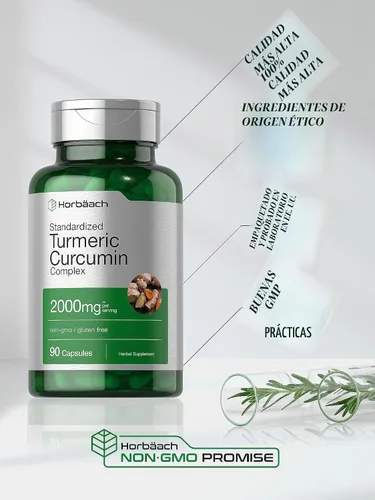 Vista 5 de Horbäach Suplemento de curcumina de cúrcuma 90 cápsulas Complejo con pimienta negra Sin OMG, sin gluten