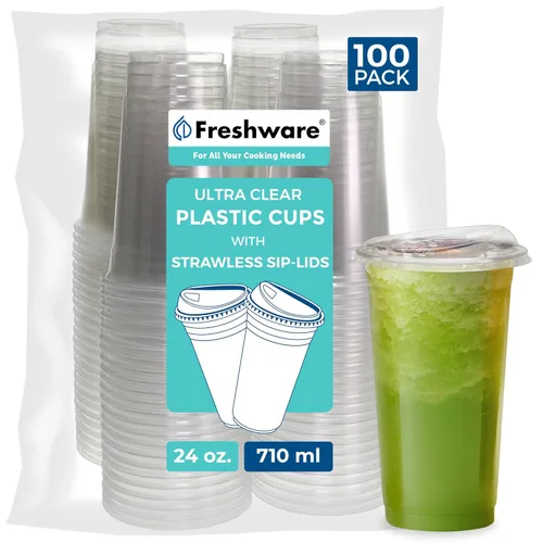 Vista 8 de Freshware Vasos de plástico transparente con tapas para sorbos sin popote [100 tazas – 12 onzas] Vaso desechable para café helado, batido, bebidas