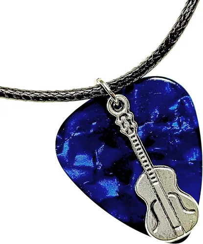 Vista 9 de Collar de púa de guitarra con dije de guitarra y cadena de cordón de cuero vegano