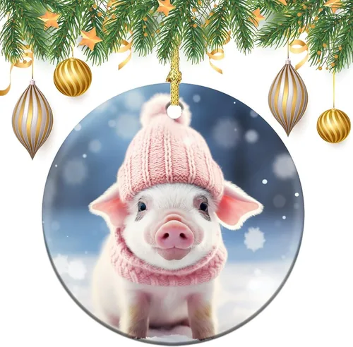 Vista 2 de Adorno de animales de granja, cerdo, adornos para árbol de Navidad, animales de granja para niños y niñas, decoración redonda de cerámica