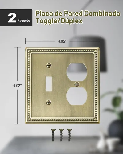 Vista 2 de Paquete de 2 Placas de Cubierta Combinadas para Interruptor de Palanca/Dúplex, Placa de Cubierta de Enchufe de Pared de Metal de Latón Antiguo