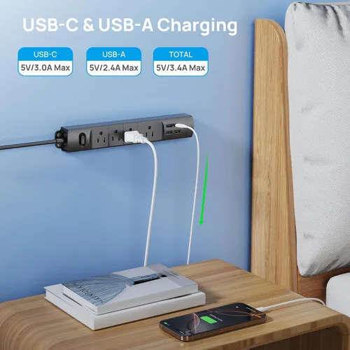Vista 4 de TROND Regleta de protección contra sobretensiones con USB, enchufe plano ultrafino, cable de extensión de 3 pies de 1625 W, 3 USB A y 1 tipo C, 4