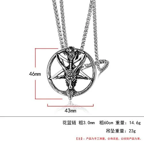 Vista 2 de Collar de pentáculo de acero inoxidable con cabeza de cabra satánica Baphomet, colgante de pentagrama invertido, cadena de 24 pulgadas, Acero