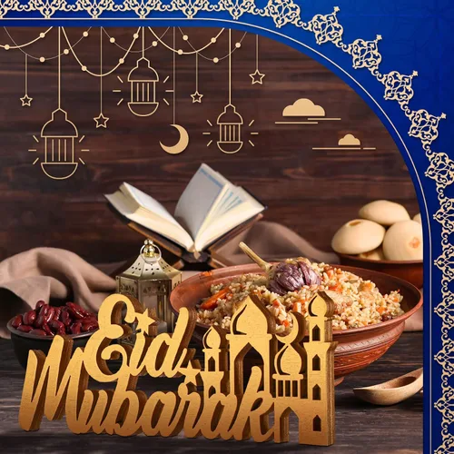 Vista 4 de Letrero de madera de Ramadán Mubarak de 2 piezas, decoración de mesa de madera, estrella luna, mezquita islámica, centro de mesa para decoración