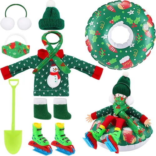 Vista 7 de Jenaai Conjunto de 9 Piezas de Accesorios Navideños Ropa Navideña Incluye Tubo de Nieve Inflable, Orejeras, Bufanda, Suéter, Bota, Máscara 3-Como se
