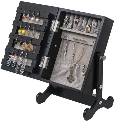 Vista 7 de FRITHJILL Pequeño Armario de Joyería, Caja de Almacenamiento de Joyería, Mini Mesa Organizador de Joyería Inclinante, Negro