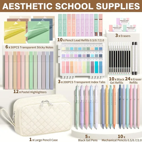 Vista 2 de 62 piezas de suministros escolares estéticos con lindo estuche de lápices, resaltadores en colores pastel, bolígrafos de gel de tinta negra, lápices