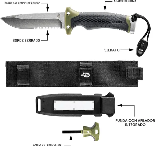 Vista 5 de Gerber Gear Ultimate Cuchillo de Supervivencia, Cuchillo de Hoja Fija con Filo Combinado, incluye Iniciador de Fuego y Varilla de Ferrocerio