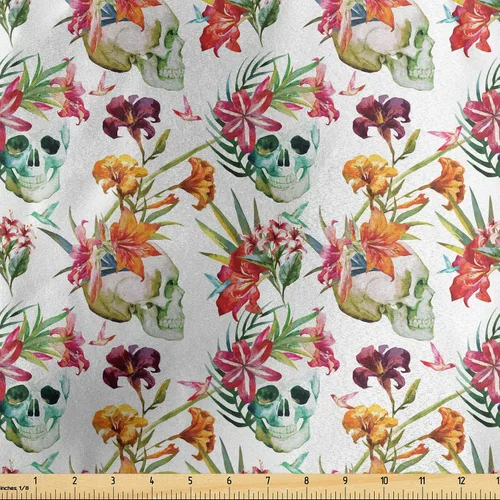 Vista 36 de Ambesonne The Yard, tela de calavera colorida con temática de Halloween, diseño de calavera y huesos cruzados, divertido estampado de dibujos