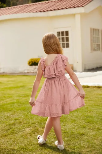 Vista 3 de GRACE KARIN Vestido de verano para niñas, vestido de verano con un hombro y manga con volantes, vestido casual
