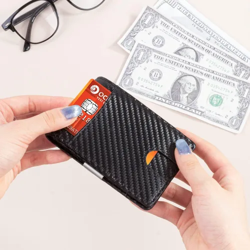 Vista 5 de kullder Billetera de fibra de carbono para hombres, cartera personalizada RFID delgada con clip de aluminio para dinero, soporte para tarjetas