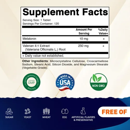 Vista 2 de Vitamatic Melatonina 10mg con raíz de valeriana 4:1 Extracto 250 mg 120 Comprimidos