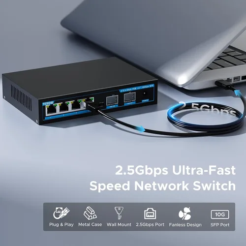 Vista 7 de Interruptor PoE+ de 4 puertos 2.5Gb con 2 puertos SFP+ de 10Gb adicionales, TEROW Base-T 10G Ethernet, capacidad de conmutación de 60Gbps