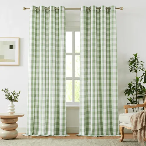 Vista 14 de Amzdecor Cortinas a cuadros con ojales de búfalo de 54 pulgadas de largo, cortinas texturizadas semitransparentes para sala de estar, dormitorio