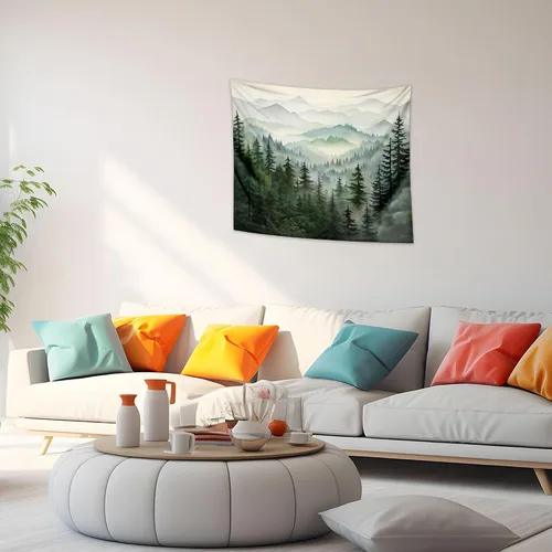 Vista 3 de QGHOT Tapiz de bosque brumoso, tapiz de montaña natural para colgar en la pared, paisaje de acuarela verde salvia, arte de pared para dormitorio