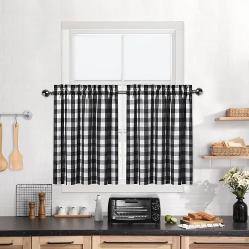 Vista 35 de Cortinas de Cocina Estilo Granja de Cuadros Vichy Blanco y Negro de 24 Pulgadas de Largo, Cortinas de Café de Media Ventana de Cuadros Buffalo