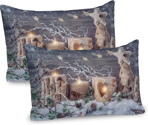 Vista 38 de Ambesonne Juego de 2 fundas de almohada navideñas, diseño de estrellas de Navidad y copos de nieve, letras retro, ropa de cama de microfibra
