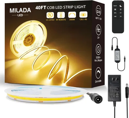 Vista 8 de Tira de luz LED COB 3000K 20 pies/6M blanco cálido regulable de alto lumen con control remoto RF adaptador certificado UL 24V adhesivo adecuado
