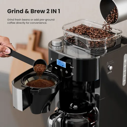 Vista 2 de Electactic Cafetera de goteo de 10 tazas con molinillo integrado, moler y preparar programable, máquinas de café con pantalla táctil LED
