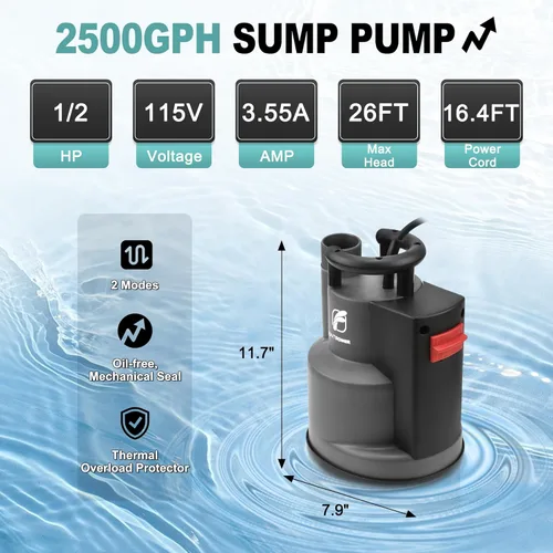 Vista 3 de FLUENTPOWER - Bomba de sumidero sumergible de 1/2 HP 2500 GPH, bomba de agua de utilidad, control automático/manual mediante interruptor de flotador