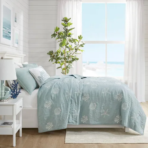 Vista 15 de Harbor House Seaside - Juego de edredón reversible de algodón con diseño de almeja costera, estrellas de mar, bordado de coral, para todas