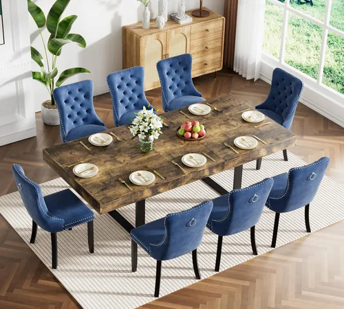 Vista 19 de Juego de mesa de comedor extensible marrón de 63 a 78.74 pulgadas para 4, juego de mesa de comedor de 5 piezas con 4 sillas tapizadas, mesa