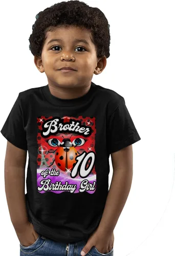 Vista 3 de Camisetas personalizadas para cumpleaños con temática de mariquita y gato negro, Negro
