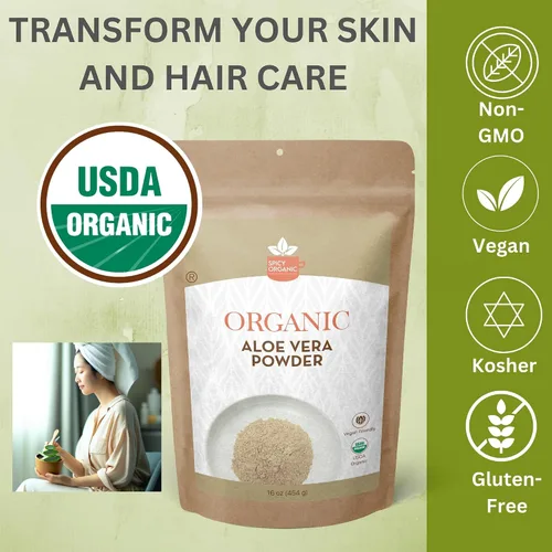 Vista 4 de Aloe Vera en polvo orgánico para piel y cabello – 16 onzas – Aloe Barbadensis – Mascarilla nutritiva para belleza natural, certificado por USDA