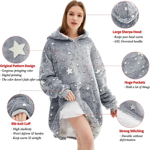 Vista 4 de Manta con capucha de gran tamaño, que brilla en la oscuridad, suave felpa cálida, sudadera con capucha para adultos, mujeres y hombres