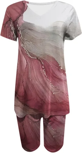Vista 2 de PANOEGSN Conjuntos a juego para mujer, trajes de verano de dos piezas, camiseta con cuello en V, leggings capri, entrenamiento, deportes, yoga