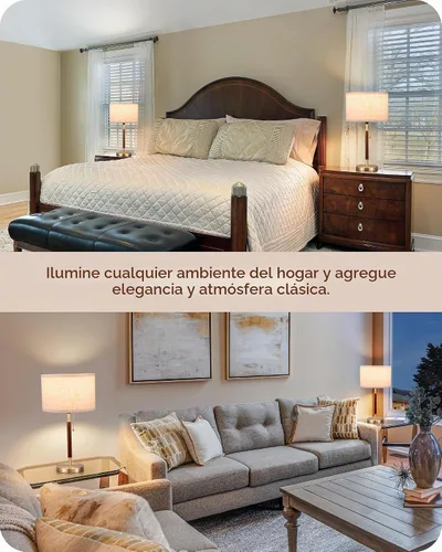 Vista 7 de EDISHINE Juego de 2 lámparas de mesa de mediados de siglo, lámpara de noche con interruptor de cadena, pantalla de lino, poste de madera maciza
