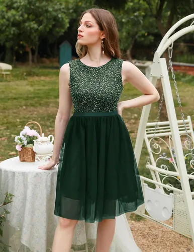 Vista 3 de BeryLove Vestido de lentejuelas vintage una línea de boda formal vestido de tul sin mangas vestido de cóctel mini vestido