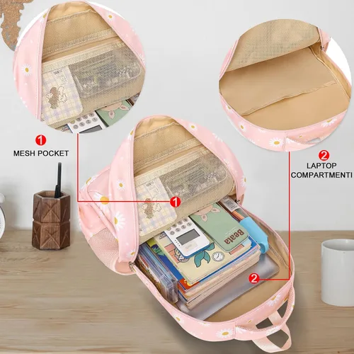 Vista 5 de LEDAOU Mochila escolar para adolescentes, niños y niñas, mochila escolar, mochila de viaje, casual, Margarita Blanca Rosa, Moderno
