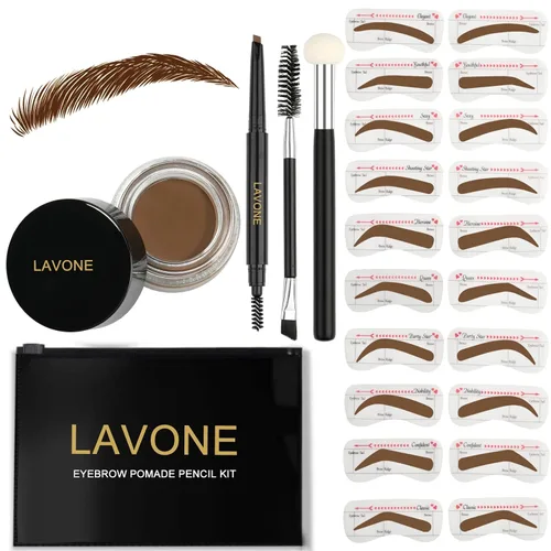 Vista 26 de LAVONE Kit de plantillas para cejas, trío de sellos para cejas con lápiz impermeable, pomada, 20 plantillas, cepillo de doble punta y aplicador