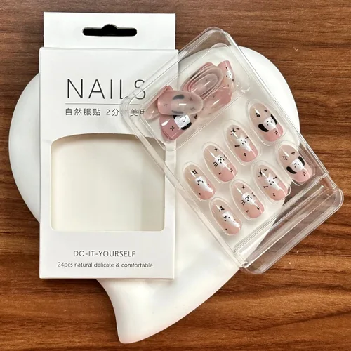 Vista 6 de Uñas postizas a presión de almendra, color rosa degradado medio, con bonito diseño de conejo y gato, uñas postizas de estrella plateada, uñas
