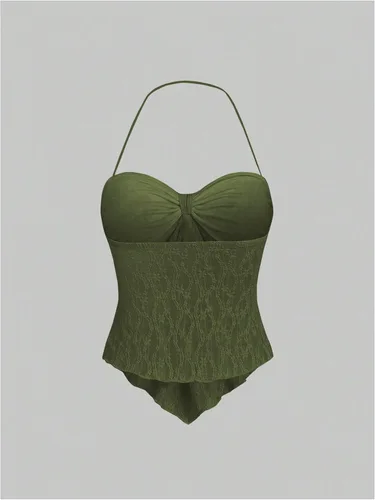 Vista 2 de SHENHE Top halter de encaje para mujer, nudo frontal, espalda descubierta, asimétrica, Y2k, coqueta, sin espalda, para salir