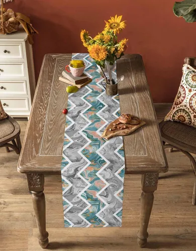 Vista 5 de Zigzi - Bufandas de mesa azules, textura de mármol a rayas grises de Zigzi, camino de mesa de comedor, decoración de mesa rectangular lavable