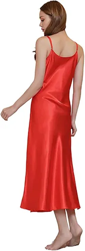 Vista 4 de Amlztr Camisón de satén para mujer, vestido largo para dormir, camisones de seda con cuello en V