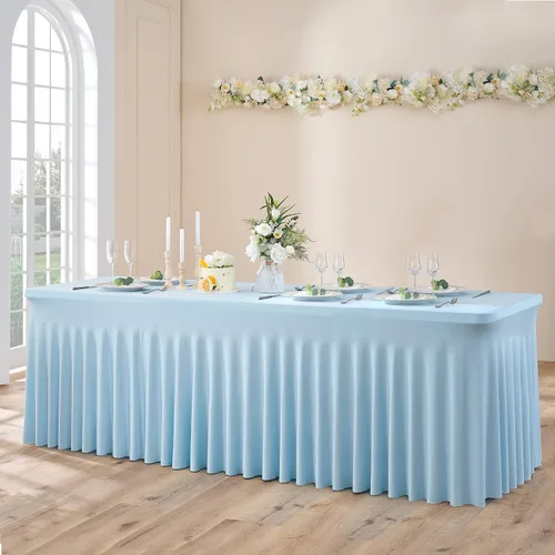Vista 32 de Paquete de 3 Manteles de Spandex Azul Bebé para Mesas Rectangulares de 6 Pies, Falda de Mesa Azul Elástica Ajustada de 6 Pies para Fiestas de Boda
