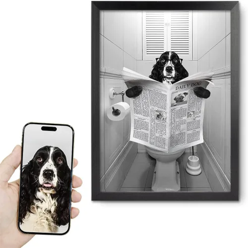 Vista 41 de kvtiwee retrato personalizado de mascota a partir de foto, arte de pared en lienzo de gato en el inodoro, arte de baño divertido en blanco y negro